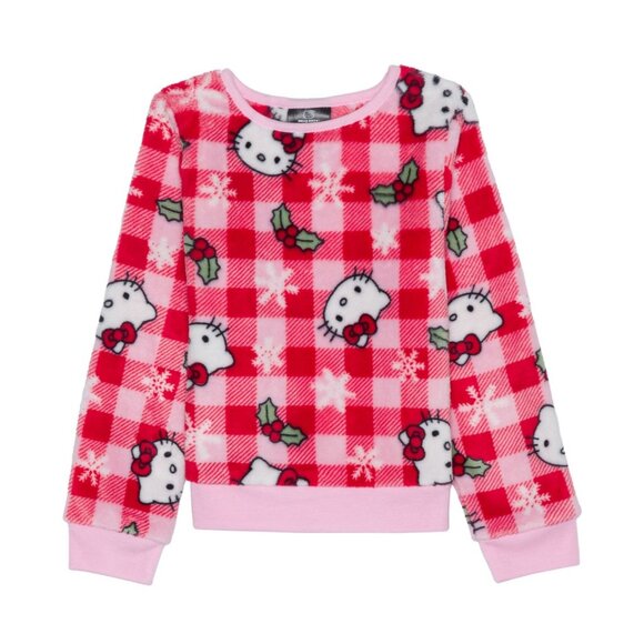 Hello Kitty Little Girls Xmas Plaid Long Sleeve Plush Pullover Sweatshirt - Pink - Picture 4 of 4
